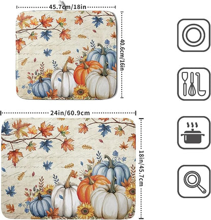 Fall Pumpkin Dish Drying Mat for Kitchen Counter 18x24 Inch Vintage Autumn Thanksgiving Absorbent Reversible Microfiber Dish Drainer Rack Mats Countertops Protector Mat