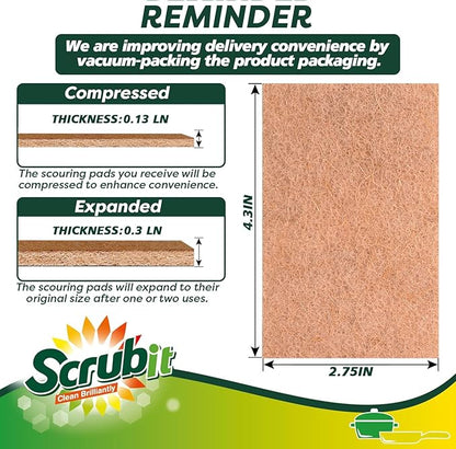 SCRUBIT 100 Pack Natural Scouring Pads - Heavy Duty Scrubbing Pads for Dishes - Non-Scratch - Reusable - Natural, Eco-Friendly, Biodegradable Sisal Brown Sponges for Dishes, Compostable