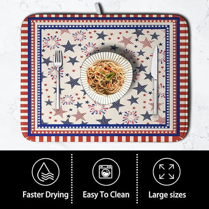 Happy 4th of July Patriotic Dish Drying Mat 16 x 18 Inch US Independence Day Vintage Star Kitchen Drying Mat Blue White Red Dish Drainer Mats Super Absorbent Dish Rack Pad for Coffee Bar Sinks
