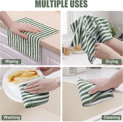 Homaxy 12 Pack Kitchen Dish Cloths, Ultra Soft and Absorbent Dish Towels, Reusable Fast Drying Microfiber Cleaning Cloth, Coral Velvet Wave Design No-lint, 10 x 10 inches, Grass Green