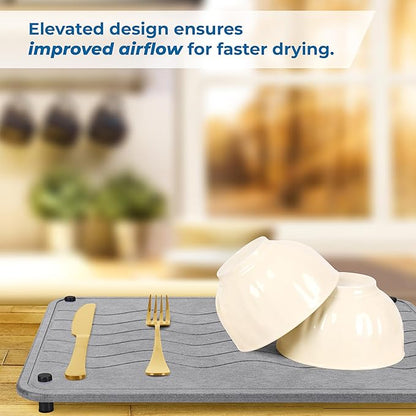 Spaceneat Diatomite Stone Drying Mat for Kitchen Counter - Rapid Moisture Removal - 15.7" x 11.8" Large Dish Drying Stone for Kitchen Sink - Diatomaceous Earth Quick Dry Dish Mat - Gray Waves