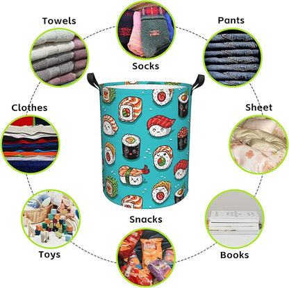 Cute Kawaii Sushi Laundry Basket Foldable Laundry Hamper Waterproof Oxford Cloth Large Laundry Basket Clothes Storage Bucket Toy Organizer For Bathroom, Laundry, College 17.3 x16.5 Inch