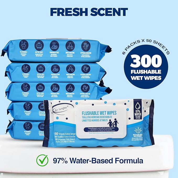 Air Jungles Bathroom Freshness Essentials Bundle :Toilet Bowl Cleaner Tablets, Lavender Odor Eliminator Spray & Flushable Wipes (300 Count)