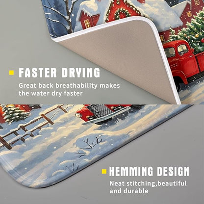 Christmas Dish Drying Mat for Kitchen Counter 16x18 Red Truck Winter Xmas Snow Scene Holiday Theme Absorbent Reversible Microfiber Drying Mats Kitchen Countertop Protector Dishes Drainer Pad
