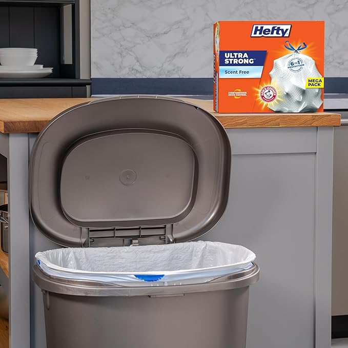 Hefty Ultra Strong Trash Bags, Tall Kitchen 13 Gallon Size, Drawstring Closure, Continuous Odor Control, White, Unscented, 110 Bags
