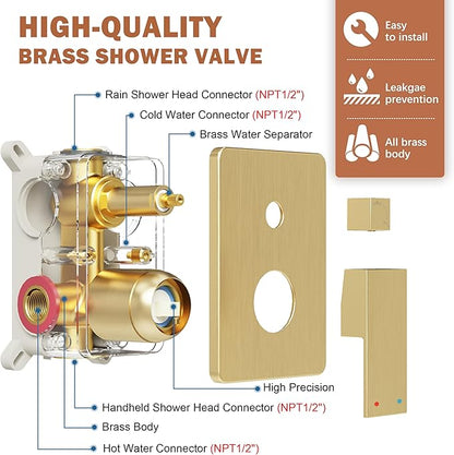 Shower System, Gold Shower Faucet Set with 12-Inch Rain Showerhead and Handheld Spray, Wall Mounted High-Pressure Showerhead Combo Set Included Valve and Trim, Brushed Gold