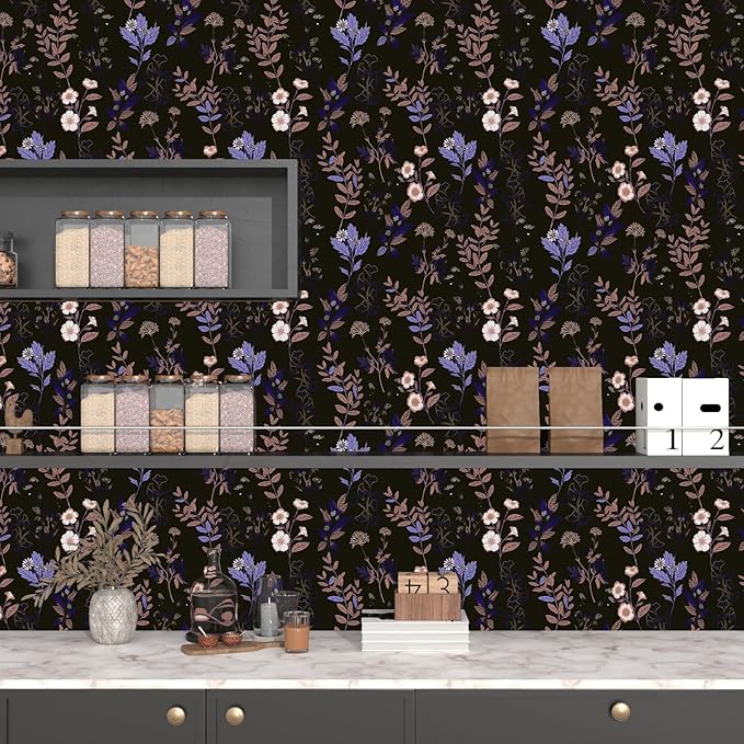 Fvlow Black Floral Wallpaper Peel and Stick Purple Leaf Contact Paper 17.4" X 118" Moody Dark Wallpaper Waterproof Self-Adhesive Vintage Wall Covering for Bedroom Countertop Desk Cabinets Decor