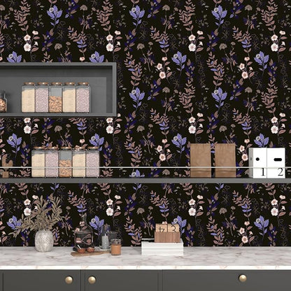 Fvlow Black Floral Wallpaper Peel and Stick Purple Leaf Contact Paper 17.4" X 118" Moody Dark Wallpaper Waterproof Self-Adhesive Vintage Wall Covering for Bedroom Countertop Desk Cabinets Decor