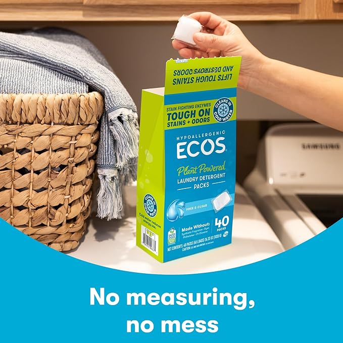 ECOS Laundry Detergent Packs, 80 Loads - 100% Plastic Free Packaging - Convenient No Mess Washing Soap Packs - Hypoallergenic for Sensitive Skin - Free & Clear