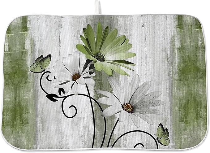 Floral Dish Drying Mat 18x24 Inches For Kitchen Counter Sage Green Daisy Flower Kitchen Decoration Drying Mat Modern Decorative Drying Pad For Home Kitchen Decor,Dining Room,Office Decor
