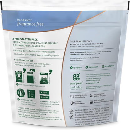 Grab Green Washing Machine Cleaner Pods - Fragrance Free, 2 Cleaning Pods