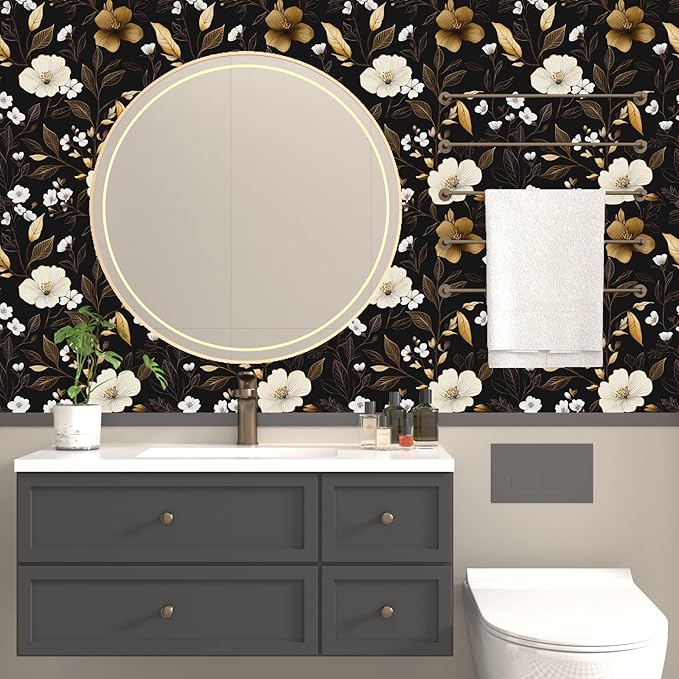 Fvlow Black Gold Floral Wallpaper Peel and Stick 17.4" X 118" Golden Leaf Small Flower Contact Paper Floral Pattern Removable Self Adhesive Covering for Bedroom Cabinet Bathroom Home Decor Black Dark