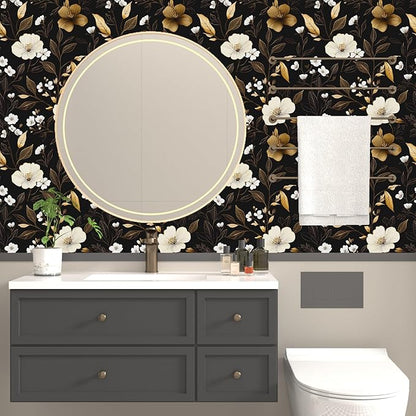 Fvlow Black Gold Floral Wallpaper Peel and Stick 17.4" X 118" Golden Leaf Small Flower Contact Paper Floral Pattern Removable Self Adhesive Covering for Bedroom Cabinet Bathroom Home Decor Black Dark