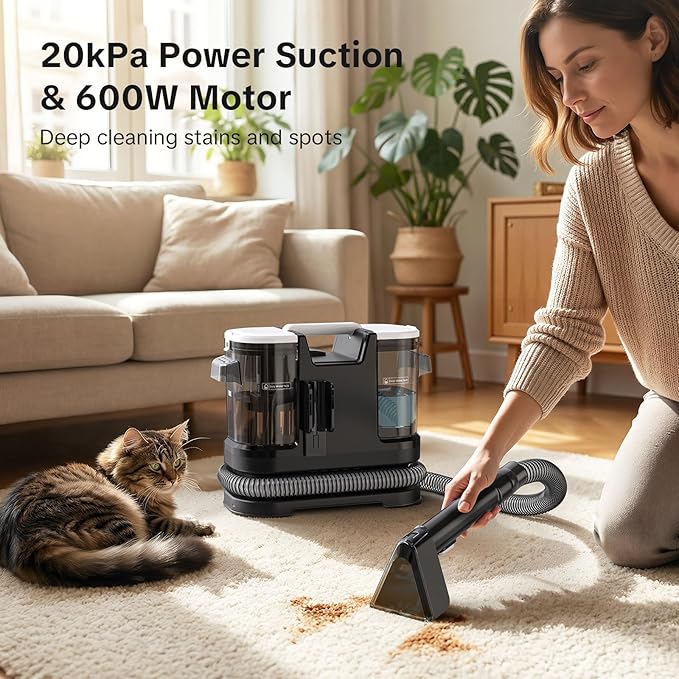 Lubluelu Upholstery Cleaner Machine 600W Motor - 20Kpa Suction, Portable Handheld Carpet Cleaner with Self-Cleaning and Long Hose for Pet Stains, Couch, Car Seats and Area Rugs