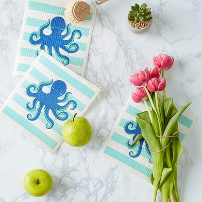DII Swedish Dishcloths for Kitchen & Cleaning, Reusable, Machine Washable & Dishwasher Safe, Biodegradable, 7.75 x 6.75, Octopus, 3 Piece
