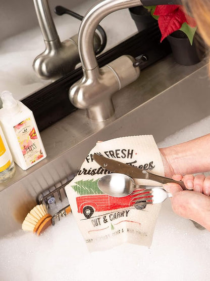 DII Swedish Dishcloths for Kitchen & Cleaning, Reusable, Machine Washable & Dishwasher Safe, Biodegradable, 7.75 x 6.75, Christmas Truck, 3 Piece
