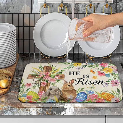 Easter He Is Risen Bunny Dish Drying Mat for Kitchen Counter Spring Easter Cross Floral Eggs Drying Pad 16x18 In Microfiber Absorbent Holiday Dishes Drainer for Kitchen Counter Tableware