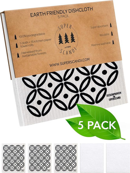 SUPERSCANDI 5 Pack Swedish Dishcloths for Kitchen - 100% Biodegradable & Compostable Reusable Paper Towels Washable, Food-Safe & Without Plastic - Dish Rags for Any Surface, Artdeco Black on White