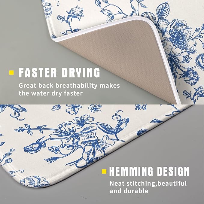 Vintage Blue Floral Dish Drying Mat for Kitchen Counter 16x18 Inch Chinoiserie Flowers Absorbent Reversible Microfiber Dish Pad Dish Drainer Rack Mats Countertops Protector Mat