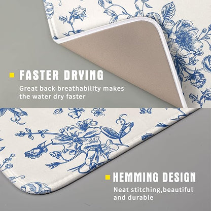 Vintage Blue Floral Dish Drying Mat for Kitchen Counter 16x18 Inch Chinoiserie Flowers Absorbent Reversible Microfiber Dish Pad Dish Drainer Rack Mats Countertops Protector Mat