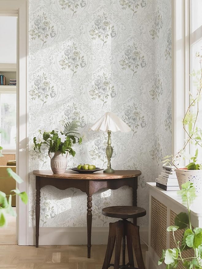 Ismoon Floral Peel and Stick Wallpaper Vintage White and Grey Contact Paper Boho Watercolor Damask Wallpaper Textured Removable Self Adhesive Vinyl Wall Paper for Bedroom, 17.3 in X 6.5 ft