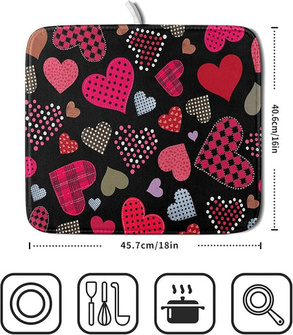 Happy Valentine's Day Black Dish Drying Mat for Kitchen Counter,Pink Love Heart Drying Mat 16 x 18 Inch with High Absorbent Microfiber Drainer Mat for Coffee Bar