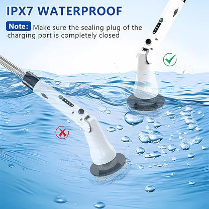 Electric Spin Scrubber, Hillyfe Bathroom Scrubber Electric with 7 Replaceable Brush Heads, IPX7 Waterproof,300/400 RPM, 3 Adjustable Length,Scrubber Brush Electric for Bathtub Floor,White