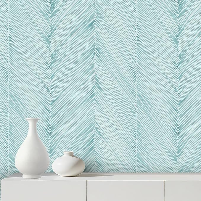 Modern Peel and Stick Wallpaper A Set of 17.3"x480" Teal Green Herringbone Striped Wall Paper Boho Self-Adhesive Removable Contact Paper for Cabinets Bathroom Bedroom Wall Decor
