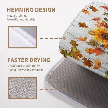 Fall Dish Drying Mat for Kitchen Counter Pumpkin Sunflower Maple Leaf Birds Drying Mats Autumn Thanksgiving Harvest Dish Drainer Mat Absorbent Microfiber Dishes Pad Large 18x24 Inch