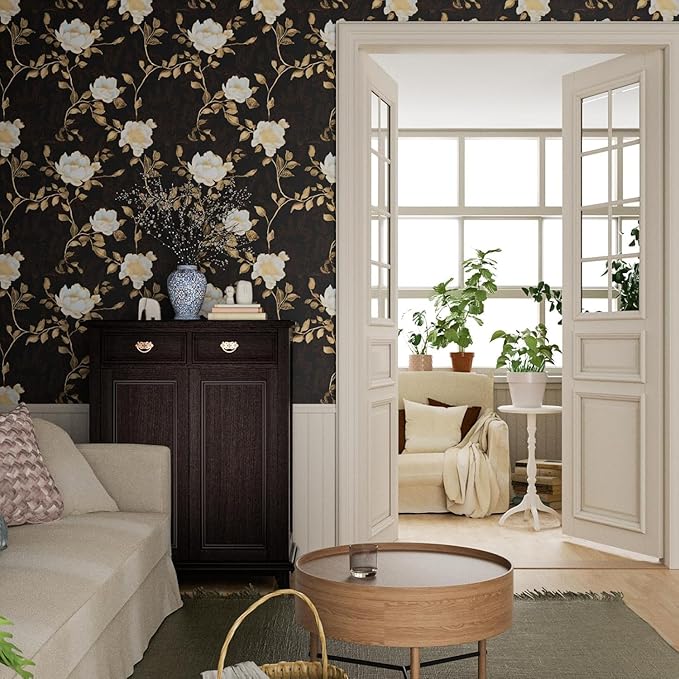 Laatse Black Golden Floral Peel and Stick Wallpaper Flowers Contact Paper 17.5" x 197" Self Adhesive Waterproof Vintage Dark Floral Wall Paper for Shelf Liner Cabinet Decor