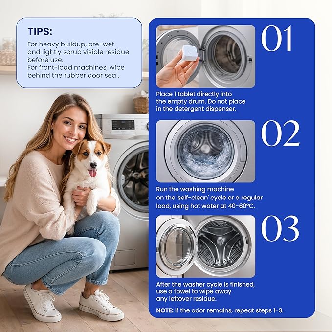 Washing Machine Cleaning Tablets – Washing Machine Cleaner Tablets Remove Pet Odor, Fur, and Dirt Buildup – Deodorizing for HE, Front, Top Load Types – Safe for Septic Systems – 24 pcs