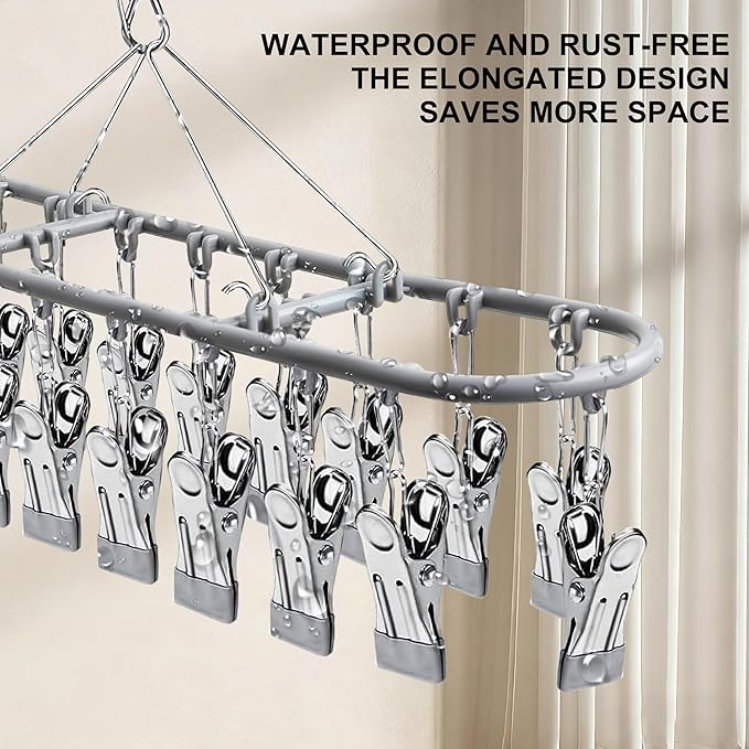 PHYDELU Drying Rack Clothing with 20 Clips，Sock Hanger for Drying，Hanging Clothes Dryer Underwear Hangers Racks Laundry Herb Socks Panty Wet Bra Lingerie Baby Delicates Foldable Small Indoor Metal
