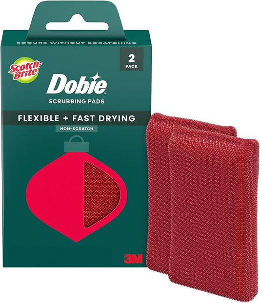 Scotch-Brite Dobie Pads, Dobie Sponge for All Purpose Cleaning of Kitchen, Bathroom, and Household, Non Scratch Dobie Cleaning Pads Safe for Non-Stick Cookware, 2 Holiday Red Dobie Pads