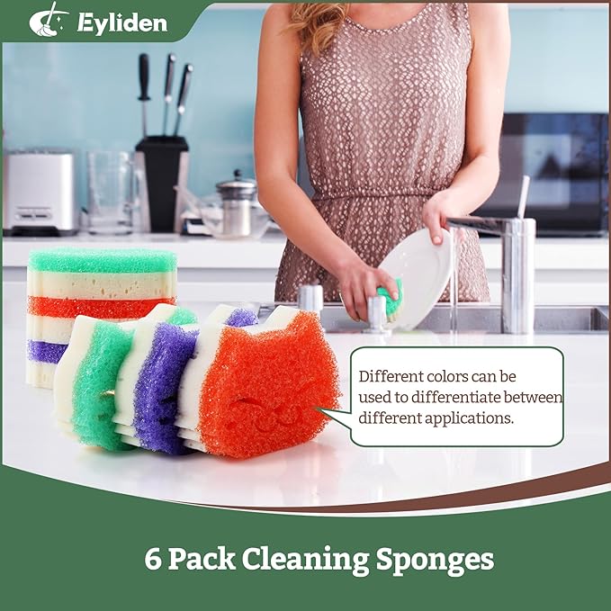 Eyliden 6 Pack Scrub Sponge - Dual-Sided, Smart-Temp Firmness, Dish Scrubber, Non-Scratch, Multi-Surface Safe Cleaning Sponges for Kitchen, Bathroom, Dish Scrubbing
