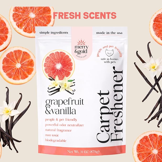 Merry & Gold Carpet Freshener & Deodorizer Powder - 31oz | Grapefruit Vanilla |Pet Odor Eliminator for Strong Odors | Safe in Homes with Pets | Made in USA | Natural Ingredients (Grapefruit & Vanilla)