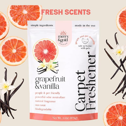 Merry & Gold Carpet Freshener & Deodorizer Powder - 31oz | Grapefruit Vanilla |Pet Odor Eliminator for Strong Odors | Safe in Homes with Pets | Made in USA | Natural Ingredients (Grapefruit & Vanilla)