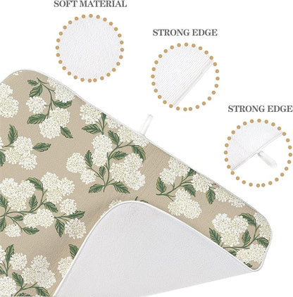 Beige Dish Drying Mat 18x24 Inch Khaki Green Vintage Floral Hydrangea Flower Drying Mat Spring Summer Seasonal Absorbent Dish Drying Pad Dish Rack Drainer Mats for Kitchen Dining Counter