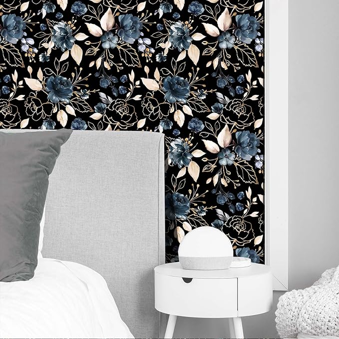 Black and Gold Floral Peel and Stick Wallpaper Self Adhesive Removable Thick Modern Dark Botanical Watercolor Navy Blue Flower Accent Wall for Bedroom Bathroom Renter Friendly 17.7"x118"