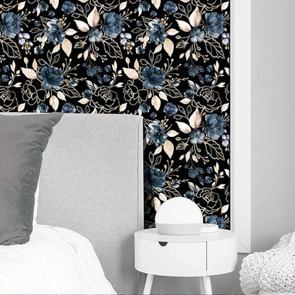 Black and Gold Floral Peel and Stick Wallpaper Self Adhesive Removable Thick Modern Dark Botanical Watercolor Navy Blue Flower Accent Wall for Bedroom Bathroom Renter Friendly 17.7"x118"