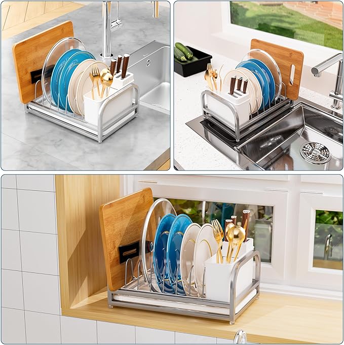 Extra Small Dish Drying Rack, 304 Stainless Steel Plate Rack for Cabinet, Dish Rack for Kitchen Counter w Cutlery Holder, Dish Drainer w Drainboard Save Space, Pot Lid Organizer for Cabinet