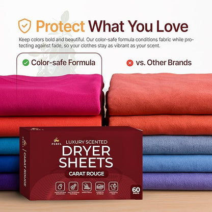 Dryer Sheets – Carat Rouge Scent | Ultra-Soft Essential Oil Dryer Sheet | Long-Lasting Fabric Sheet | 60 PCS Scented Laundry Sheets With Odor Neutralizing Technology by Perfa