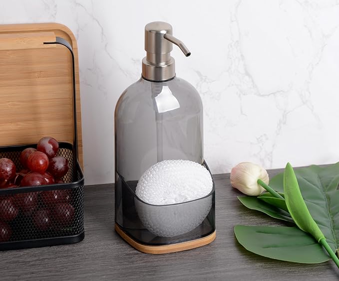 Kitchen Soap Dispenser with Sponge Holder, Refillable Acrylic Dish Soap Dispenser 17oz for Kitchen Sink and Bathroom, Anti Slip, Countertop Home Decor (Grey)