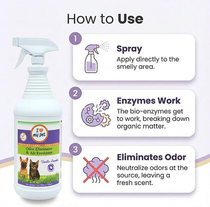 I Love My Pet Odor Eliminator Spray and Air Freshener for Strong Pet Odors, Neutralizes Dog and Cat Urine on Fabrics, Carpets, Pet Beds, 32 oz Vanilla Lavender Scent