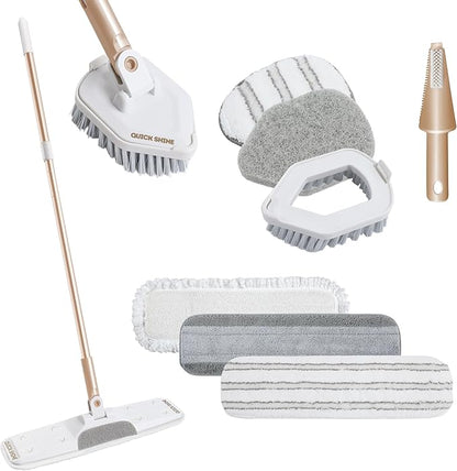 Quick Shine Ultimate Gold Clean + Polish Mop Kit | All-in-One 9 Pc Kit w/Interchangeable Attachments | No Batteries Needed | Pro Cleaning System for All Floor Types | 2-in-1 Mop