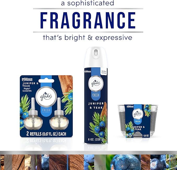 Glade PlugIns Refills Air Freshener, Scented and Essential Oils for Home and Bathroom, Juniper & Teak, Fresh Collection 1.34 Fl Oz, 2 Count
