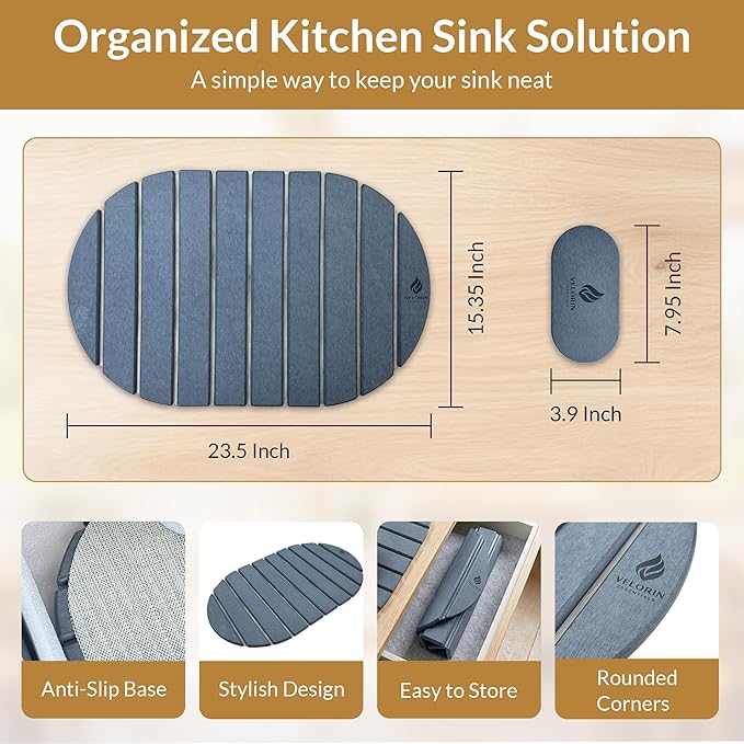 Stone Dish Drying Mat for Kitchen Counter, Quick Dry Diatomaceous Earth Drying Mat, Foldable Absorbent Stone Drying Pad, 2 PCS 24" × 16" & 8" × 4" for Dishes, Cups, Bottles & Utensils (Dark Gray)