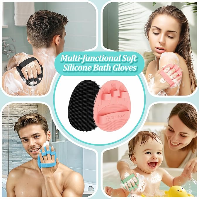 Silicone Bath Gloves 2PCS, 360° Anti-Slip Silicone Body Scrubber for Rich Foaming Deep Cleaning, Revolutionary No-Grip & Hand-fit Design Shower Scrubber for All Skin Types(Black+Light Pink)