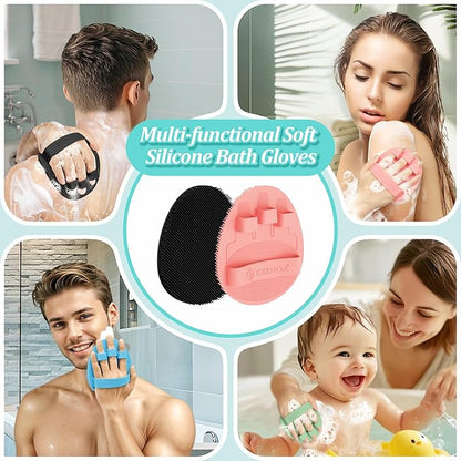 Silicone Bath Gloves 2PCS, 360° Anti-Slip Silicone Body Scrubber for Rich Foaming Deep Cleaning, Revolutionary No-Grip & Hand-fit Design Shower Scrubber for All Skin Types(Black+Light Pink)