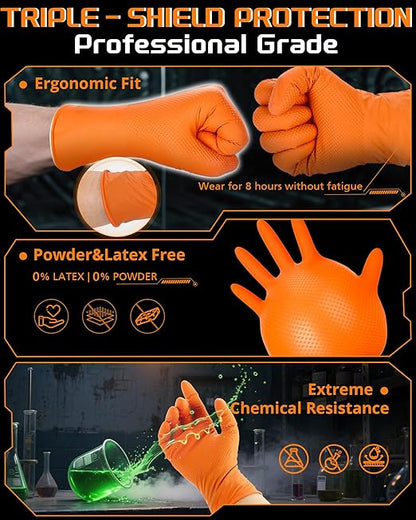 10mil Nitrile-Gloves Disposable-Orange Chemical-Resistant Rubber - Mechanic Gloves Heavy Duty, Latex Free, Diamond Grip (100, X-Large)