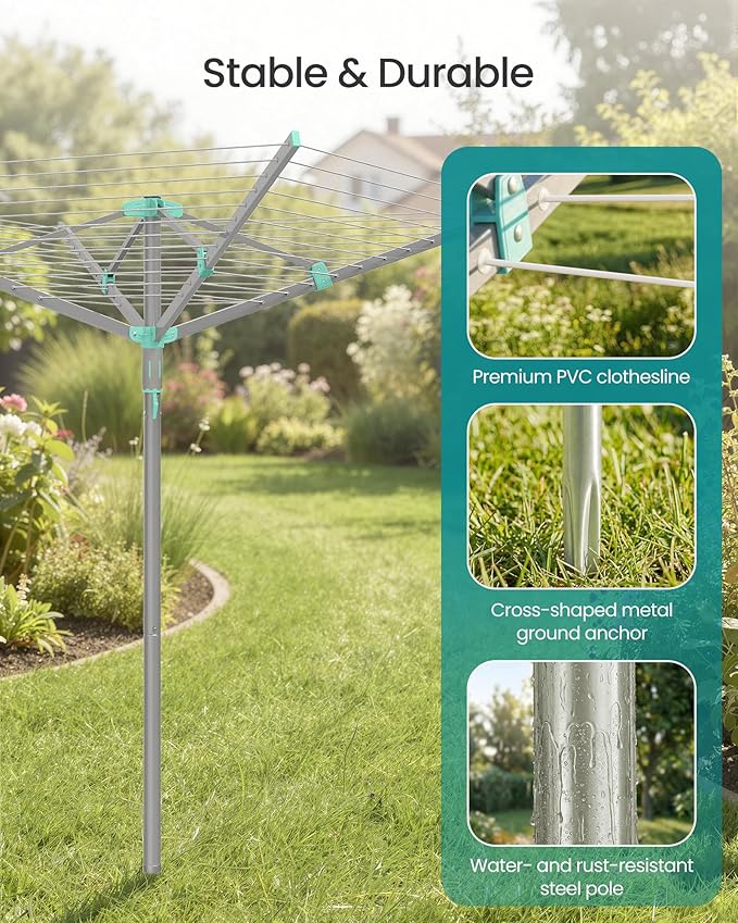 SONGMICS Umbrella Clothesline, Rotary Washing Line, Foldable Heavy-Duty Outdoor Clothes Drying Rack with Clips, Cover, Ground Anchor, 147.6 ft (45 m) Long for 4 Loads of Laundry, Silver ULLR306EZ01